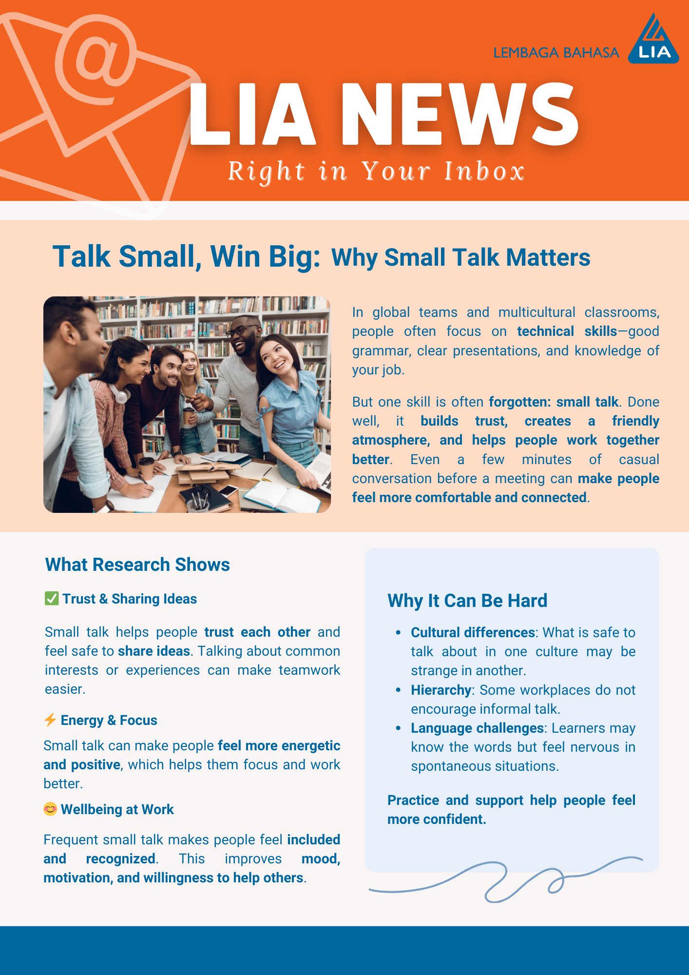 Why small talk matters — diverse students chatting and smiling in a study group.