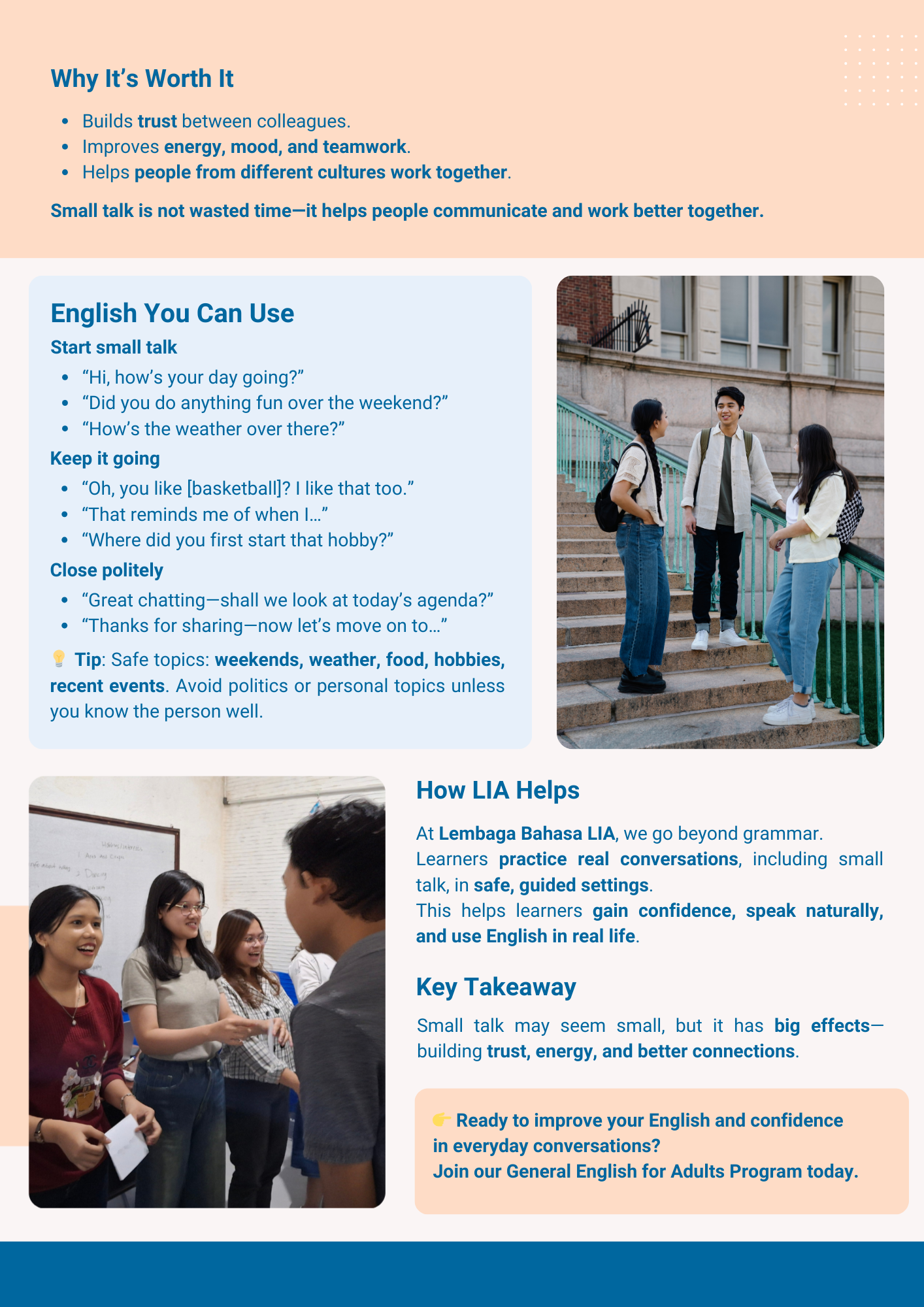 Why small talk matters — students chatting in a library study group.