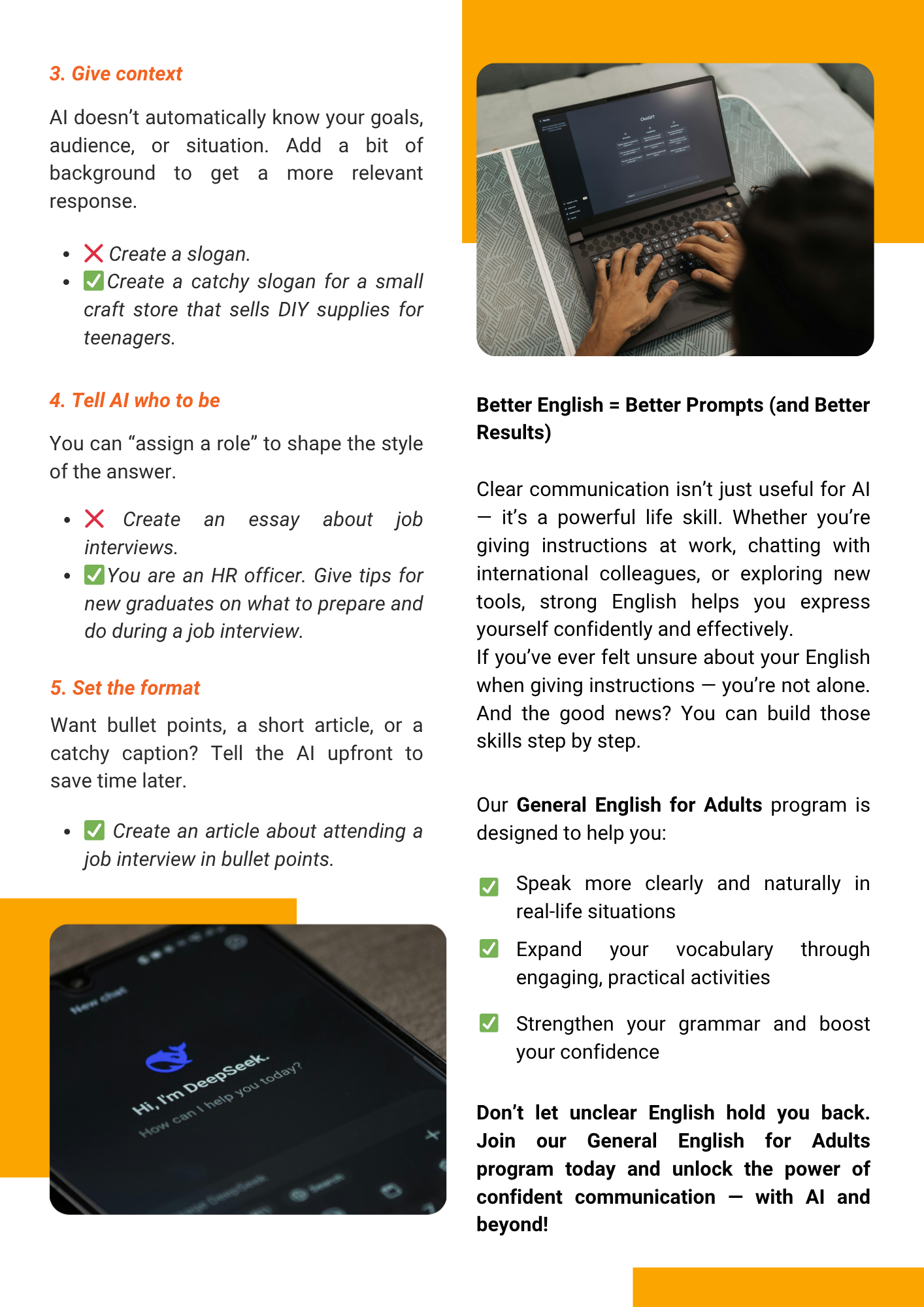 Write better prompts in English — Chat AI screen over a laptop.