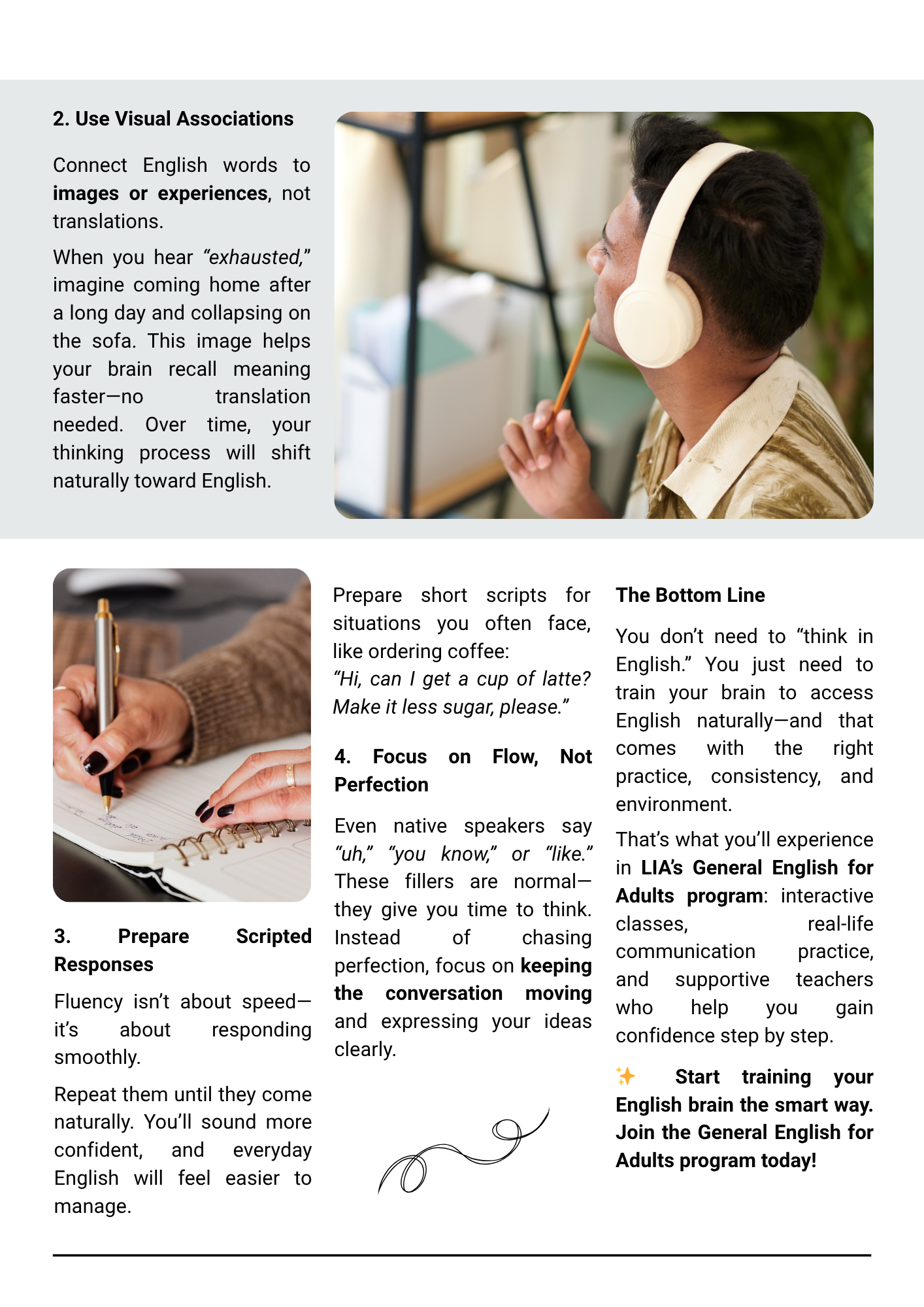 Chunks, visuals, short scripts, and flow for natural English.