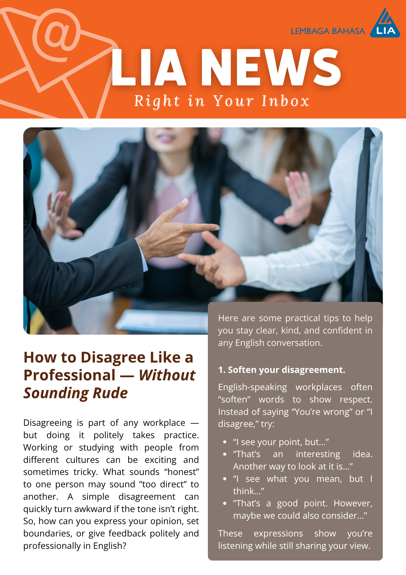 How to disagree professionally in English with softening phrases.