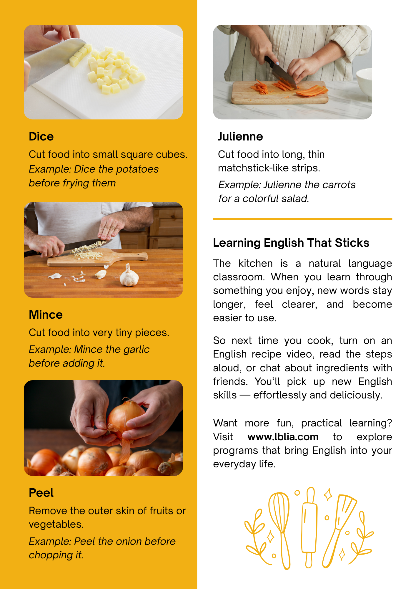 Chop, slice, dice, mince, julienne, and peel — cooking vocabulary in English.