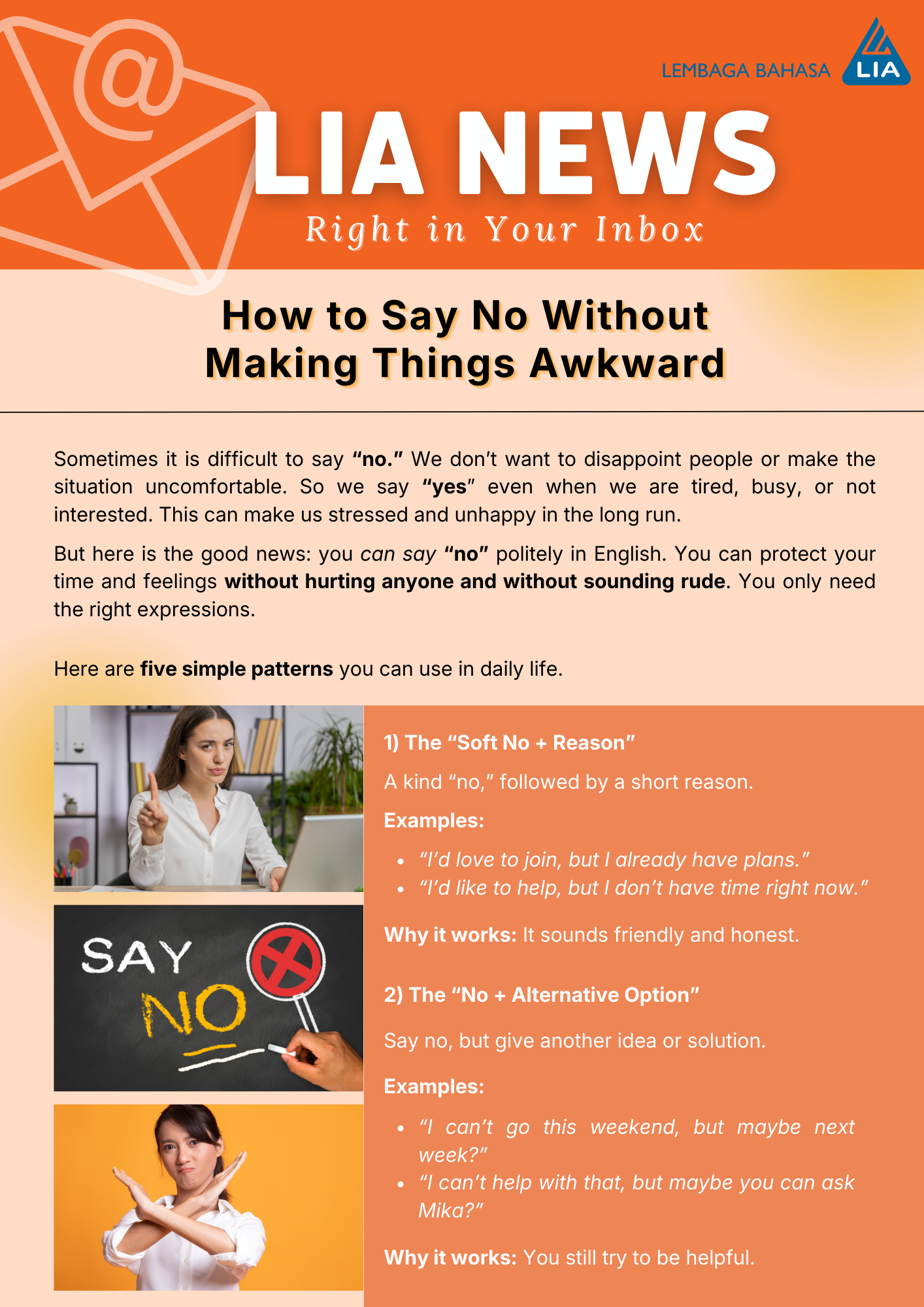 Say no politely in English: soft no with reason and no with alternative option