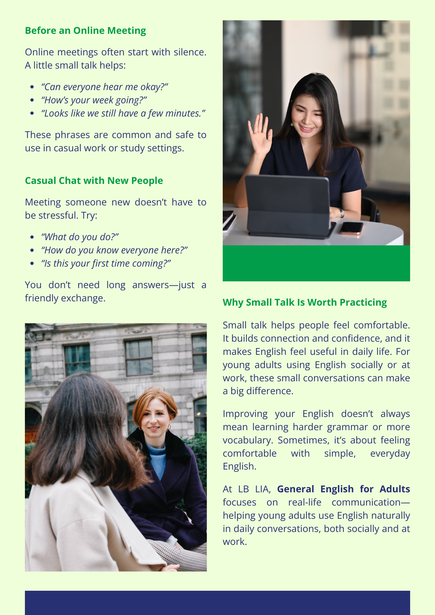 Woman greeting colleagues using simple English for everyday small talk before an online meeting
